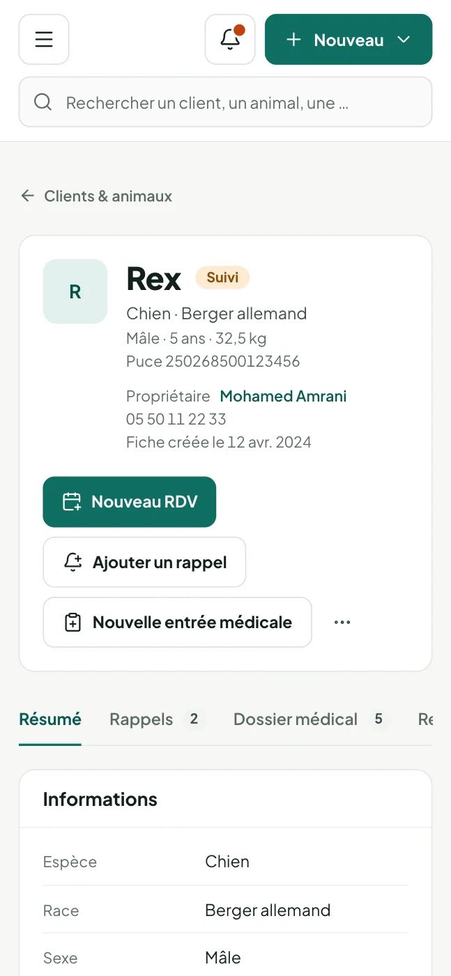 Fiche patient sur smartphone