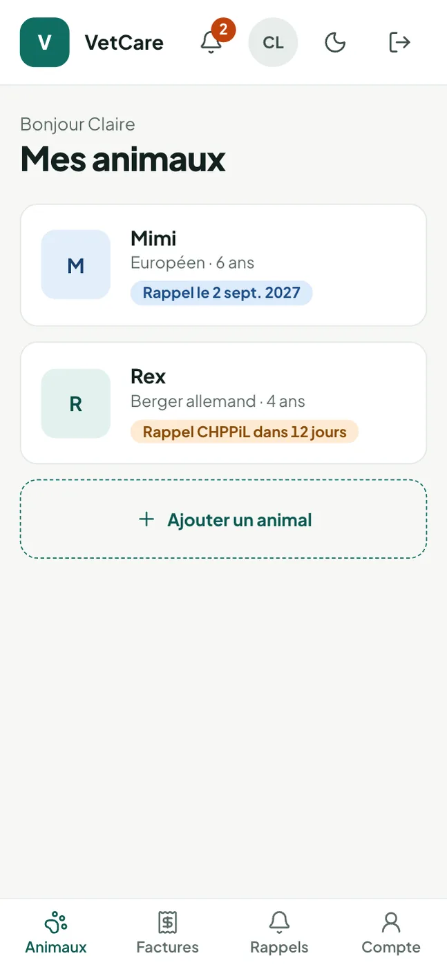 Liste des animaux et rappels dans l'espace propriétaire